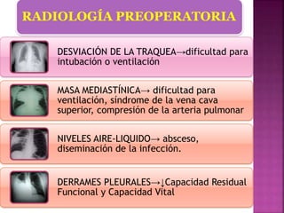 RADIOLOGÍA PREOPERATORIA
DESVIACIÓN DE LA TRAQUEA→dificultad para
intubación o ventilación
MASA MEDIASTÍNICA→ dificultad para
ventilación, síndrome de la vena cava
superior, compresión de la arteria pulmonar
NIVELES AIRE-LIQUIDO→ absceso,
diseminación de la infección.
DERRAMES PLEURALES→↓Capacidad Residual
Funcional y Capacidad Vital
 