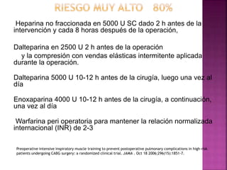 Heparina no fraccionada en 5000 U SC dado 2 h antes de la
intervención y cada 8 horas después de la operación,
Dalteparina en 2500 U 2 h antes de la operación
y la compresión con vendas elásticas intermitente aplicada
durante la operación.
Dalteparina 5000 U 10-12 h antes de la cirugía, luego una vez al
día
Enoxaparina 4000 U 10-12 h antes de la cirugía, a continuación,
una vez al día
Warfarina peri operatoria para mantener la relación normalizada
internacional (INR) de 2-3
Preoperative intensive inspiratory muscle training to prevent postoperative pulmonary complications in high-risk
patients undergoing CABG surgery: a randomized clinical trial. JAMA . Oct 18 2006;296(15):1851-7.
 