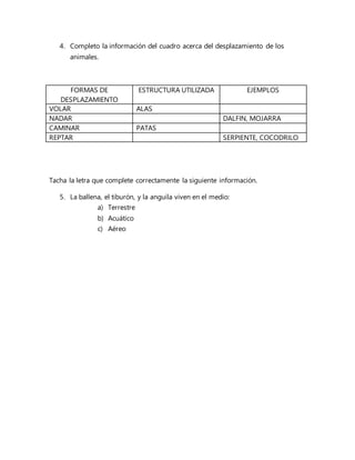 4. Completo la información del cuadro acerca del desplazamiento de los 
animales. 
FORMAS DE 
DESPLAZAMIENTO 
ESTRUCTURA UTILIZADA EJEMPLOS 
VOLAR ALAS 
NADAR DALFIN, MOJARRA 
CAMINAR PATAS 
REPTAR SERPIENTE, COCODRILO 
Tacha la letra que complete correctamente la siguiente información. 
5. La ballena, el tiburón, y la anguila viven en el medio: 
a) Terrestre 
b) Acuático 
c) Aéreo 

