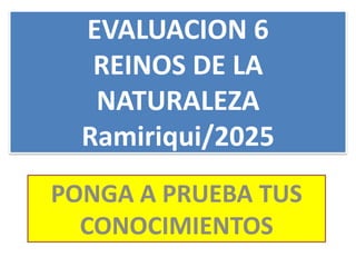 EVALUACION 6
REINOS DE LA
NATURALEZA
Ramiriqui/2025
PONGA A PRUEBA TUS
CONOCIMIENTOS
 