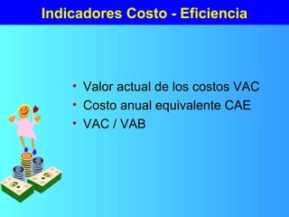 Indicadores Costo - Eficiencia
• Valor actual de los costos VAC
• Costo anual equivalente CAE
• VAC / VAB
 