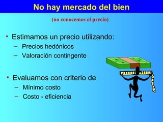 No hay mercado del bien
• Estimamos un precio utilizando:
– Precios hedónicos
– Valoración contingente
(no conocemos el precio)
• Evaluamos con criterio de
– Mínimo costo
– Costo - eficiencia
 