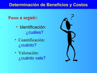 Determinación de Beneficios y Costos
• Identificación:
¿cuáles?
Pasos a seguir:
• Cuantificación:
¿cuánto?
• Valoración:
¿cuánto vale?
 