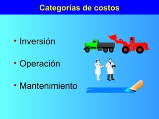 Categorías de costos
• Inversión
• Operación
• Mantenimiento
 