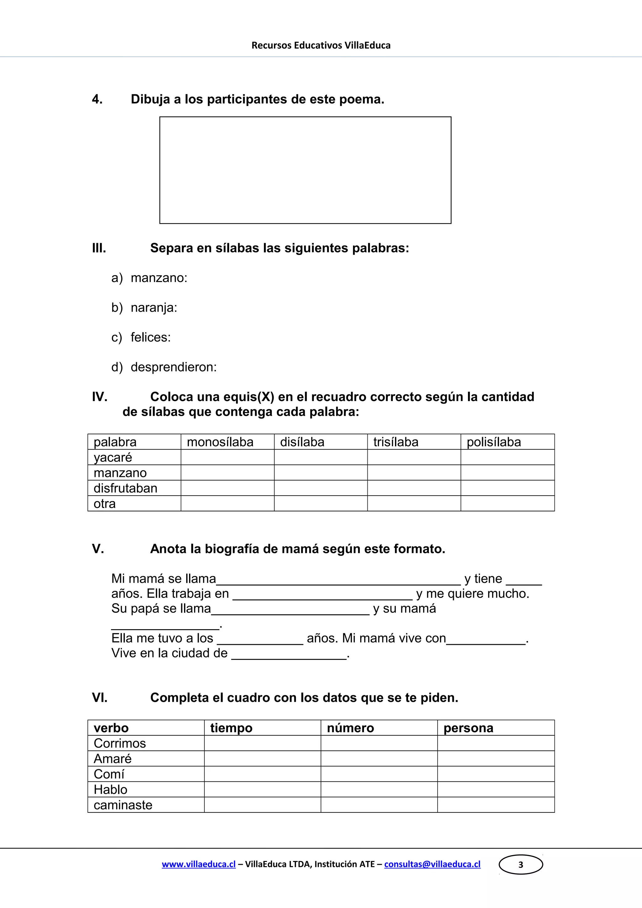 3
Recursos Educativos VillaEduca
4. Dibuja a los participantes de este poema.
III. Separa en sílabas las siguientes palabras:
a) manzano:
b) naranja:
c) felices:
d) desprendieron:
IV. Coloca una equis(X) en el recuadro correcto según la cantidad
de sílabas que contenga cada palabra:
palabra monosílaba disílaba trisílaba polisílaba
yacaré
manzano
disfrutaban
otra
V. Anota la biografía de mamá según este formato.
Mi mamá se llama__________________________________ y tiene _____
años. Ella trabaja en _________________________ y me quiere mucho.
Su papá se llama______________________ y su mamá
_______________.
Ella me tuvo a los ____________ años. Mi mamá vive con___________.
Vive en la ciudad de ________________.
VI. Completa el cuadro con los datos que se te piden.
verbo tiempo número persona
Corrimos
Amaré
Comí
Hablo
caminaste
www.villaeduca.cl – VillaEduca LTDA, Institución ATE – consultas@villaeduca.cl
 