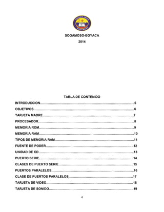 SOGAMOSO-BOYACA 
2014 
TABLA DE CONTENIDO 
INTRODUCCION…………………………………………………………………………….5 
OBJETIVOS………………………………………………………………………………….6 
TARJETA MADRE………………………………………………………………………….7 
PROCESADOR……………………………………………………………………………...8 
MEMORIA ROM……………………………………………………………………………..9 
MEMORIA RAM……………………………………………………………………………..10 
TIPOS DE MEMORIA RAM………………………………………………………………..11 
FUENTE DE PODER……………………………………………………………………….12 
UNIDAD DE CD……………………………………………………………………………..13 
PUERTO SERIE…………………………………………………………………………….14 
CLASES DE PUERTO SERIE…………………………………………………………….15 
PUERTOS PARALELOS…………………………………………………………………..16 
CLASE DE PUERTOS PARALELOS……………………………………………………17 
TARJETA DE VIDEO………………………………………………………………………18 
TARJETA DE SONIDO…………………………………………………………………….19 
4 
 