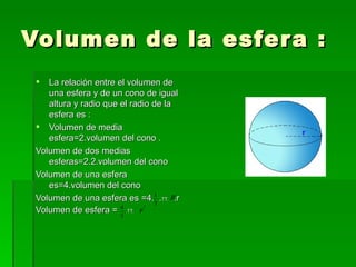 Volumen de la esfera : La relación entre el volumen de una esfera y de un cono de igual altura y radio que el radio de la esfera es : Volumen de media esfera=2.volumen del cono . Volumen de dos medias esferas=2.2.volumen del cono  Volumen de una esfera es=4.volumen del cono  Volumen de una esfera es =4.  . TT.  .r Volumen de esfera =   .TT. 