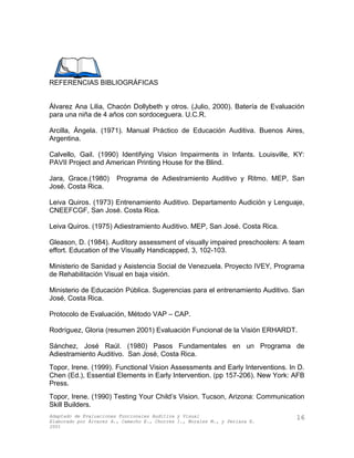 REFERENCIAS BIBLIOGRÁFICAS
Álvarez Ana Lilia, Chacón Dollybeth y otros. (Julio, 2000). Batería de Evaluación
para una niña de 4 años con sordoceguera. U.C.R.
Arcilla, Ángela. (1971). Manual Práctico de Educación Auditiva. Buenos Aires,
Argentina.
Calvello, Gail. (1990) Identifying Vision Impairments in Infants. Louisville, KY:
PAVII Project and American Printing House for the Blind.
Jara, Grace.(1980) Programa de Adiestramiento Auditivo y Ritmo. MEP, San
José. Costa Rica.
Leiva Quiros. (1973) Entrenamiento Auditivo. Departamento Audición y Lenguaje,
CNEEFCGF, San José. Costa Rica.
Leiva Quiros. (1975) Adiestramiento Auditivo. MEP, San José. Costa Rica.
Gleason, D. (1984). Auditory assessment of visually impaired preschoolers: A team
effort. Education of the Visually Handicapped, 3, 102-103.
Ministerio de Sanidad y Asistencia Social de Venezuela. Proyecto IVEY, Programa
de Rehabilitación Visual en baja visión.
Ministerio de Educación Pública. Sugerencias para el entrenamiento Auditivo. San
José, Costa Rica.
Protocolo de Evaluación, Método VAP – CAP.
Rodríguez, Gloria (resumen 2001) Evaluación Funcional de la Visión ERHARDT.
Sánchez, José Raúl. (1980) Pasos Fundamentales en un Programa de
Adiestramiento Auditivo. San José, Costa Rica.
Topor, Irene. (1999). Functional Vision Assessments and Early Interventions. In D.
Chen (Ed.), Essential Elements in Early Intervention. (pp 157-206). New York: AFB
Press.
Topor, Irene. (1990) Testing Your Child’s Vision. Tucson, Arizona: Communication
Skill Builders.
Adaptado de Evaluaciones Funcionales Auditiva y Visual
Elaborado por Álvarez A., Camacho E., Chorres I., Morales M., y Perlaza E.
2001
16
 