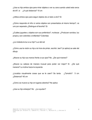 ¿Usa su hijo ambos ojos para mirar objetos o ver su cara cuando usted esta cerca
de él?, si ¿A qué distancia? 10 cm
¿Utiliza ambos ojos para seguir objetos de un lado a otro? Si
¿Cómo responde el niño si varios objetos son presentados al mismo tiempo?, ve
uno por separado ¿Distingue el favorito? Si
¿Cuáles juguetes u objetos son sus preferidos?, muñecas ¿Producen sonidos, luz
propia y son coloridos o brillantes? Coloridas
¿Le molesta la luz a su hijo? Luz del sol
¿Cómo usa la visión su hijo a la hora de pintar, escribir, leer? (si aplica) se sale del
dibujo
¿Mueve su hijo sus manos frente a sus ojos? No ¿De qué manera?
¿Mueve su cabeza de manera inusual para poder ver mejor? Si ¿De qué
manera? La inclina hacia la izquierda
¿Localiza visualmente cosas que se le caen? Se tarda ¿Tamaño? 5 cm
¿Distancia? 40 cm
¿Cómo se mueve su hijo en lugares abiertos? No aplica
¿Usa su hijo anteojos? No ¿Le ayudan?
Adaptado de Evaluaciones Funcionales Auditiva y Visual
Elaborado por Álvarez A., Camacho E., Chorres I., Morales M., y Perlaza E.
2001
4
 