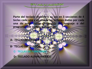 Parte del teclado dividida a su vez en 3 secciones de 4
  teclas cada una y en donde las órdenes dadas por cada
  una de estas teclas dependen del lenguaje o del
  programa que se esté trabajando.



A- TECLAS DE EDICION

B- TECLAS DEL CURSOR
  C- TECLAS DE FUNCIONES
  D- TECLADO ALFANUMERICO
 