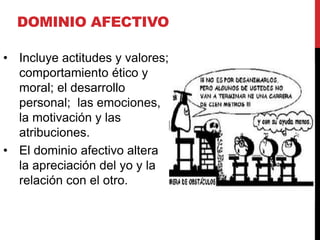 DOMINIO AFECTIVO
• Incluye actitudes y valores;
comportamiento ético y
moral; el desarrollo
personal; las emociones,
la motivación y las
atribuciones.
• El dominio afectivo altera
la apreciación del yo y la
relación con el otro.
 