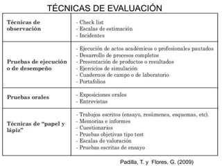 TÉCNICAS DE EVALUACIÓN
Padilla, T. y Flores, G. (2009)
 