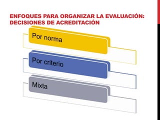 ENFOQUES PARA ORGANIZAR LA EVALUACIÓN:
DECISIONES DE ACREDITACIÓN
 