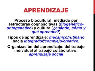 APRENDIZAJE
Proceso biocultural: mediado por
estructuras cognoscitivas (filogenético-
ontogenético) y cultura (¿cuándo, cómo y
qué aprender?)
Tipos de aprendizaje: mecánico/rutinario
hacia integrador/complejo/creativo.
Organización del aprendizaje: del trabajo
individual al trabajo colaborativo:
aprendizaje social
 