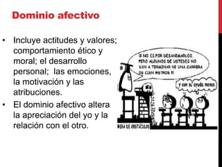 Dominio afectivo
• Incluye actitudes y valores;
comportamiento ético y
moral; el desarrollo
personal; las emociones,
la motivación y las
atribuciones.
• El dominio afectivo altera
la apreciación del yo y la
relación con el otro.
 