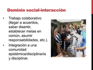 Dominio social-interacción
• Trabajo colaborativo
(llegar a acuerdos,
saber disentir,
establecer metas en
común, asumir
responsabilidades, etc.).
• Integración a una
comunidad
epistémica/disciplinaria
y disciplinar.
 
