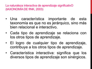La naturaleza interactiva de aprendizaje significativO
(tAXONOMÍA DE fINK, 2003)
• Una característica importante de esta
taxonomía es que no es jerárquico, sino más
bien relacional e interactivo.
• Cada tipo de aprendizaje se relaciona con
los otros tipos de aprendizaje.
• El logro de cualquier tipo de aprendizaje,
contribuye a los otros tipos de aprendizaje.
• Característica interactiva: significa que los
diversos tipos de aprendizaje son sinérgicos.
 