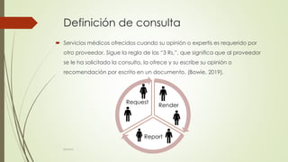 Definición de consulta
 Servicios médicos ofrecidos cuando su opinión o expertis es requerido por
otro proveedor. Sigue la regla de las “3 Rs,”, que significa que al proveedor
se le ha solicitado la consulta, la ofrece y su escribe su opinión o
recomendación por escrito en un documento. (Bowie, 2019).
Render
Report
Request
©MNJG
 