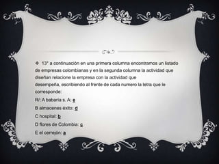  13° a continuación en una primera columna encontramos un listado
de empresas colombianas y en la segunda columna la actividad que
diseñan relacione la empresa con la actividad que
desempeña, escribiendo al frente de cada numero la letra que le
corresponde:
R/: A babaría s. A: e
B almacenes éxito: d
C hospital: b
D flores de Colombia: c
E el cerrejón: a
 