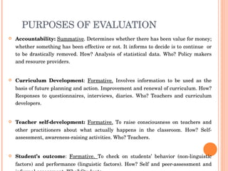 PURPOSES OF EVALUATION Accountability:  Summative . Determines whether there has been value for money; whether something has been effective or not. It informs to decide is to continue  or to be drastically removed. How? Analysis of statistical data. Who? Policy makers and resource providers.  Curriculum Development :  Formative.  Involves information to be used as the basis of future planning and action. Improvement and renewal of curriculum. How? Responses to questionnaires, interviews, diaries. Who? Teachers and curriculum developers. Teacher self-development:  Formative.  To raise consciousness on teachers and other practitioners about what actually happens in the classroom. How? Self-assessment, awareness-raising activities. Who? Teachers. Student’s outcome :  Formative.  To check on students’ behavior (non-linguistic factors) and performance (linguistic factors). How? Self and peer-assessment and informal assessment. Who? Students. 