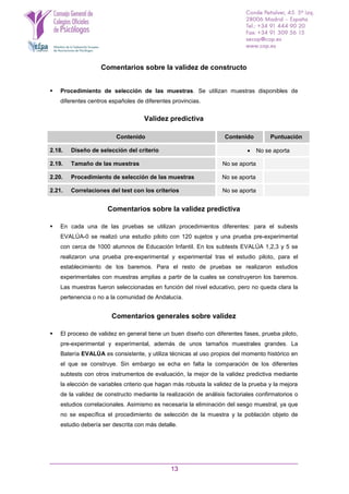 13
Comentarios sobre la validez de constructo
 Procedimiento de selección de las muestras. Se utilizan muestras disponibles de
diferentes centros españoles de diferentes provincias.
Validez predictiva
Contenido Contenido Puntuación
2.18. Diseño de selección del criterio  No se aporta
2.19. Tamaño de las muestras No se aporta
2.20. Procedimiento de selección de las muestras No se aporta
2.21. Correlaciones del test con los criterios No se aporta
Comentarios sobre la validez predictiva
 En cada una de las pruebas se utilizan procedimientos diferentes: para el subests
EVALÚA-0 se realizó una estudio piloto con 120 sujetos y una prueba pre-experimental
con cerca de 1000 alumnos de Educación Infantil. En los subtests EVALÚA 1,2,3 y 5 se
realizaron una prueba pre-experimental y experimental tras el estudio piloto, para el
establecimiento de los baremos. Para el resto de pruebas se realizaron estudios
experimentales con muestras amplias a partir de la cuales se construyeron los baremos.
Las muestras fueron seleccionadas en función del nivel educativo, pero no queda clara la
pertenencia o no a la comunidad de Andalucía.
Comentarios generales sobre validez
 El proceso de validez en general tiene un buen diseño con diferentes fases, prueba piloto,
pre-experimental y experimental, además de unos tamaños muestrales grandes. La
Batería EVALÚA es consistente, y utiliza técnicas al uso propios del momento histórico en
el que se construye. Sin embargo se echa en falta la comparación de los diferentes
subtests con otros instrumentos de evaluación, la mejor de la validez predictiva mediante
la elección de variables criterio que hagan más robusta la validez de la prueba y la mejora
de la validez de constructo mediante la realización de análisis factoriales confirmatorios o
estudios correlacionales. Asimismo es necesaria la eliminación del sesgo muestral, ya que
no se específica el procedimiento de selección de la muestra y la población objeto de
estudio debería ser descrita con más detalle.
 