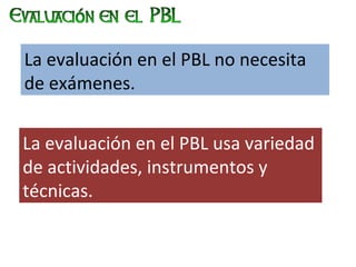 La evaluación en el PBL no necesita
de exámenes.


La evaluación en el PBL usa variedad
de actividades, instrumentos y
téc...