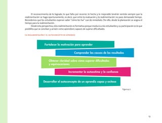 13
El reconocimiento de lo logrado, lo que falta por recorrer, lo hecho y lo mejorable tendrán sentido siempre que la
realimentación se haga oportunamente, es decir, que entre la evaluación y la realimentación no pase demasiado tiempo.
Recordemos que los estudiantes esperan saber “cómo les fue” casi de inmediato. Por ello, desde la planeación se asigna el
tiempo para la realimentación.
Desde esta perspectiva, esta realimentación es formativa porque involucra a los estudiantes y su participación es lo que
posibilita que se conciban y actúen como aprendices capaces de superar dificultades.
La realimentación y el autoconcepto de aprendiz
Fortalecer la motivación para aprender
Comprender las causas de los resultados
Obtener claridad sobre cómo superar dificultades
y equivocaciones
Incrementar la autoestima y la confianza
Desarrollar el autoconcepto de un aprendiz capaz y exitoso
Figura 4.2
 