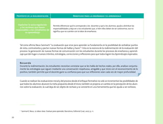 22
Propósito de la realimentación Beneficios para la enseñanza y el aprendizaje
Explicitar la autorregulación
y las acciones que hacen
responsables a los estudiantes de
su aprendizaje
Permite diferenciar qué le corresponde a los docentes y qué a los alumnos, ayuda a distribuir las
responsabilidades y deja ver a los estudiantes que, si bien ellos deben de ser autónomos, eso no
significa que no cuenten con la labor de enseñanza.
Tal como afirma Neus Sanmartí “La evaluación que sirve para aprender se fundamenta en la posibilidad de verbalizar puntos
de vista, contrastarlos y pactar nuevas formas de hablar y hacer”.7
Esta es la esencia de la realimentación de la evaluación del
proceso: la generación de nuevas formas de comunicación con los estudiantes durante los procesos de enseñanza y aprendi-
zaje que den lugar a nuevos intentos, estrategias, correcciones y reflexiones para que todos logren los Aprendizajes esperados.
Recuerda
Durante la realimentación, los estudiantes necesitan constatar que se les habla de hechos reales; por ello, analizar conjunta-
mente las estrategias que siguen mediante una conversación respetuosa, amigable y que inicie con el reconocimiento de lo
positivo, también permite que el docente gane su confianza para que sus reflexiones sean cada vez de mayor profundidad.
Cuando se realizan las evaluaciones inicial y del proceso desde el enfoque formativo no solo se incrementan las posibilidades de
que todos los alumnos alcancen la meta propuesta desde el inicio, también se propicia un cambio en la percepción de los alum-
nos sobre la evaluación, la cual deja de ser objeto de rechazo y se convierte en una herramienta que los ayuda a ser exitosos.
7
  Sanmartí, Neus, 10 ideas clave. Evaluar para aprender, Barcelona, Editorial Graó, 2007, p. 11.
 