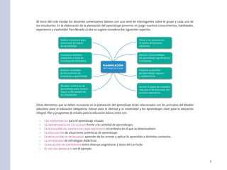 7
Al inicio del ciclo escolar los docentes comenzamos labores con una serie de interrogantes sobre el grupo y cada uno de
los estudiantes. En la elaboración de la planeación del aprendizaje ponemos en juego nuestros conocimientos, habilidades,
experiencia y creatividad. Para llevarlo a cabo se sugiere considerar los siguientes aspectos.
Otros elementos que se deben incorporar en la planeación del aprendizaje están relacionados con los principios del Modelo
educativo para la educación obligatoria. Educar para la libertad y la creatividad y los Aprendizajes clave para la educación
integral. Plan y programas de estudio para la educación básica, estos son:
•	 Las experiencias para el aprendizaje situado.
•	 La importancia de la calidad frente a la cantidad de aprendizajes.
•	 La situación del grupo y de cada individuo: el contexto en el que se desenvuelven.
•	 La evaluación de situaciones auténticas de aprendizaje.
•	 La resolución de problemas: aprender de los errores y aplicar lo aprendido a distintos contextos.
•	 La diversidad de estrategias didácticas.
•	 La relación de contenidos entre diversas asignaturas y áreas del currículo.
•	 El uso del modelaje con el ejemplo.
 