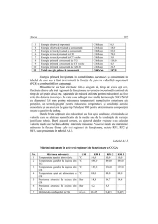 Anexe 107
3 Energie electrică importată GWh/an 0,5
4 Energie electrică produsă şi consumată GWh/an 18,0
5 Energie termică produsă şi consumată GWh/an 81,0
6 Energie termică produsă în CR GWh/an 78,0
7 Energie termică produsă în CT veche GWh/an 3,0
8 Energie primară consumată de TG GWh/an 118,0
9 Energie primară consumată de CT veche GWh/an 4,5
10 Energie primară consumată de ASCR GWh/an 24,5
11 Total energie primară consumată GWh/an 147,0
Energia primară înregistrată în contabilitatea sucursalei şi consemnată în
tabelul de mai sus a fost determinată în funcţie de puterea calorifică superioară
(PCS) a combustibililor consumaţi.
Măsurătorile au fost efectuate într-o singură zi, timp de circa opt ore,
fiecăruia dintre cele trei regimuri de funcţionare revenindu-i o perioadă continuă de
timp de cel puţin două ore. Aparatele de măsură utilizate pentru măsurători au fost
cele din dotarea instalaţiei, la care s-au adăugat mai multe termocuple NiCr/NiAl
cu diametrul 0,8 mm pentru măsurarea temperaturii suprafeţelor exterioare ale
pereţilor, un termohigrograf pentru măsurarea temperaturii şi umidităţii aerului
atmosferic şi un analizor de gaze tip Teledyne 980 pentru determinarea compoziţiei
uscate a gazelor de ardere.
Datele brute obţinute din măsurători au fost apoi analizate, eliminându-se
valorile care se abăteau semnificativ de la medie sau de la tendinţele de variaţie
justificate tehnic. După această sortare, cu ajutorul datelor reţinute s-au calculat
valorile medii ale fiecăreia dintre mărimile măsurate. Valorile medii ale mărimilor
măsurate în fiecare dintre cele trei regimuri de funcţionare, notate RF1, RF2 şi
RF3, sunt prezentate în tabelul A1.3.
Tabelul A1.3
Mărimi măsurate în cele trei regimuri de funcţionare a CCGA
Nr. Mărimea măsurată UM RM 1 RM 2 RM 3
1 Temperatura aerului atmosferic o
C 10,0 10,0 10,0
2 Temperatura gazelor la ieşirea din
TG
o
C 484,0 484,0 484,0
3 Temperatura gazelor la ieşirea din
CR
o
C 137,0 136,0 135,0
4 Temperatura apei de alimentare a
CR
o
C 88,0 88,0 88,0
5 Presiunea aburului la ieşirea din
CR
Bar 14,8 14,7 14,8
6 Presiunea aburului la ieşirea din
TA
Bar 4,2 4,3 -
7 Debitul de combustibil la TG m3
N/s 0,415 0,415 0,415
 