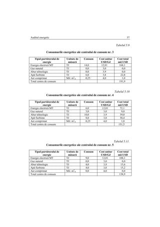 Auditul energetic 37
Tabelul 5.9
Consumurile energetice ale centrului de consum nr. 3
Tipul purtătorului de
energie
Unitate de
măsură
Consum Cost unitar
USD/GJ
Cost total
mii USD
Energie electrică MT TJ 14,0 12,01 168,1
Gaz natural TJ 0,0 3,0 0,0
Abur tehnologic TJ 0,0 3,9 0,0
Apă fierbinte TJ 6,0 3,8 22,8
Aer comprimat Mil. m3
N 0,25 4,0 1,0
Total centru de consum 191,9
Tabelul 5.10
Consumurile energetice ale centrului de consum nr. 4
Tipul purtătorului de
energie
Unitate de
măsură
Consum Cost unitar
USD/GJ
Cost total
mii USD
Energie electrică MT TJ 6,0 12,01 72,1
Gaz natural TJ 3,0 3,0 9,0
Abur tehnologic TJ 10,0 3,9 39,0
Apă fierbinte TJ 8,0 3,8 30,4
Aer comprimat Mil. m3
N 0,25 4,0 1,0
Total centru de consum 151,5
Tabelul 5.11.
Consumurile energetice ale centrului de consum nr. 5
Tipul purtătorului de
energie
Unitate de
măsură
Consum Cost unitar
USD/GJ
Cost total
mii USD
Energie electrică MT TJ 9,0 12,01 108,1
Gaz natural TJ 0,0 3,0 0,0
Abur tehnologic TJ 4,0 3,9 15,6
Apă fierbinte TJ 4,0 3,8 15,2
Aer comprimat Mil. m3
N 0,0 4,0 0,0
Total centru de consum 138,9
 