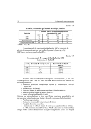 Evaluarea eficienţei energetice72
Tabelul 9.3
Evoluţia consumului specific brut de energie primară
Subiectul
Consumul specific brut de energie primara
[therms/tonă] în anul
1987 1988 1989 1990
PM3 150 150 150 150
PM4 113 112 110 108
Economii totale 37 38 40 42
Economii datorate SDC 5,5 6,5 8,0 10
1 therm = 105,5 MJ
Economia anuală de energie atribuită efectului SDC şi economia de
cheltuieli corespunzătoare unui preţ mediu al energiei primare de 0,268
GBP/therm, sunt prezentate în tabelul 9.4.
Tabelul 9.4
Economia anuală de energie atribuită efectului SDC
şi economia de cheltuieli
Anul Economia de energie, TJ/an Economia de cheltuieli,
GBP/an
1987 41,3 104862
1988 54,5 138484
1989 74,4 188518
1990 108,5 275700
Se obţine astfel o durată brută de recuperare a investiţiei de 2,25 ani, care
acoperă perioada 1987, 1988 şi o parte din 1989. Beneficii financiare indirecte au
mai fost generate de :
- informaţii permiţând funcţionarea optimă şi îmbunătăţirea calităţii
producţiei;
- uniformizarea producţiei;
- reducerea duratei de schimbare a tipului sau calitătii produselor;
- secvenţe predeterminate de pornire şi oprire;
- sistem informaţional flexibil şi rapid.
Sistemul s-a autoperfecţionat în timp, valorificând experienţa acumulată în cei
aproape cinci ani de funcţionare. Sunt prevăzute în continuare alte îmbunătăţiri:
- Planificarea producţiei;
- Extinderea monitorizării către instalaţia de tăiere;
- Funcţii în domeniul costurilor;
- Comunicaţii cu celelalte maşini de hârtie şi cu departamentul de vânzări.
În 1990, compania minieră Cleveland Potash Ltd a numit un responsabil cu
energia pentru filiala sa de exploatare şi de procesare primară. Acesta şi-a început
 