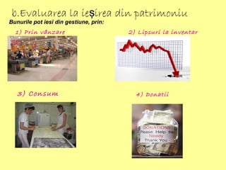 Bunurile pot iesi din gestiune, prin:
1) Prin vânzare 2) Lipsuri la inventar
b.Evaluarea la ie irea din patrimoniuş
3) Consum 4) Donatii
 