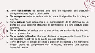 d. Tono conciliador: es aquella que trata de equilibrar dos posturas
antagónicas para legar a un acuerdo.
e. Tono esperanzador: el emisor adopta una actitud positiva frente a lo que
escribe
f. Tono crítico: hace referencia a la manifestación de la defensa de un
punto de vista personal atacando al contrincante o a una postura poco
tolerante.
g. Tono reflexivo: el emisor asume una actitud de análisis de los hechos,
los pro y los contra.
h. Tono problematizador: el emisor destaca, principalmente, los contras o
los aspectos negativos de lo que le interesa plantear.
i. Tono objetivo: el emisor se limita a plantear los hechos y no manifiesta
ningún grado de compromiso con lo escrito, mantiene una postura
imparcial, neutra.
 