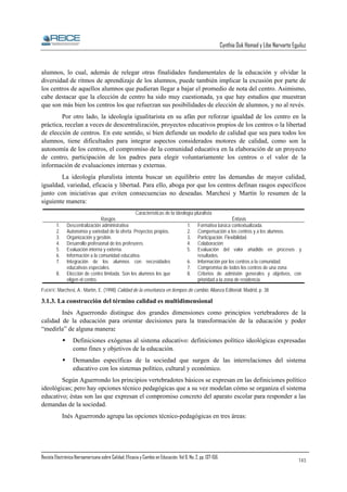 Cynthia Duk Homad y Libe Narvarte Eguiluz

alumnos, lo cual, además de relegar otras finalidades fundamentales de la educación y olvidar la
diversidad de ritmos de aprendizaje de los alumnos, puede también implicar la excusión por parte de
los centros de aquellos alumnos que pudieran llegar a bajar el promedio de nota del centro. Asimismo,
cabe destacar que la elección de centro ha sido muy cuestionada, ya que hay estudios que muestran
que son más bien los centros los que refuerzan sus posibilidades de elección de alumnos, y no al revés.
Por otro lado, la ideología igualitarista en su afán por reforzar igualdad de los centro en la
práctica, recelan a veces de descentralización, proyectos educativos propios de los centros o la libertad
de elección de centros. En este sentido, si bien defiende un modelo de calidad que sea para todos los
alumnos, tiene dificultades para integrar aspectos considerados motores de calidad, como son la
autonomía de los centros, el compromiso de la comunidad educativa en la elaboración de un proyecto
de centro, participación de los padres para elegir voluntariamente los centros o el valor de la
información de evaluaciones internas y externas.
La ideología pluralista intenta buscar un equilibrio entre las demandas de mayor calidad,
igualdad, variedad, eficacia y libertad. Para ello, aboga por que los centros definan rasgos específicos
junto con iniciativas que eviten consecuencias no deseadas. Marchesi y Martín lo resumen de la
siguiente manera:

1.
2.
3.
4.
5.
6.
7.
8.

Características de la ideología pluralista
Rasgos
Énfasis
Descentralización administrativa
1. Formativa básica contextualizada.
Autonomía y variedad de la oferta. Proyectos propios.
2. Compensación a los centros y a los alumnos.
Organización y gestión.
3. Participación. Flexibilidad.
Desarrollo profesional de los profesores.
4. Colaboración
Evaluación interna y externa.
5. Evaluación del valor añadido en procesos y
Información a la comunidad educativa.
resultados.
Integración de los alumnos con necesidades
6. Información por los centros a la comunidad.
educativas especiales.
7. Compromiso de todos los centros de una zona
Elección de centro limitada. Son los alumnos los que
8. Criterios de admisión generales y objetivos, con
eligen el centro.
prioridad a la zona de residencia.

FUENTE: Marchesi, A.; Martín, E. (1998) Calidad de la enseñanza en tiempos de cambio, Alianza Editorial: Madrid, p. 38

3.1.3. La construcción del término calidad es multidimensional
Inés Aguerrondo distingue dos grandes dimensiones como principios vertebradores de la
calidad de la educación para orientar decisiones para la transformación de la educación y poder
“medirla” de alguna manera:
Definiciones exógenas al sistema educativo: definiciones político ideológicas expresadas
como fines y objetivos de la educación.
Demandas específicas de la sociedad que surgen de las interrelaciones del sistema
educativo con los sistemas político, cultural y económico.
Según Aguerrondo los principios vertebradotes básicos se expresan en las definiciones político
ideológicas; pero hay opciones técnico pedagógicas que a su vez modelan cómo se organiza el sistema
educativo; éstas son las que expresan el compromiso concreto del aparato escolar para responder a las
demandas de la sociedad.
Inés Aguerrondo agrupa las opciones técnico-pedagógicas en tres áreas:

Revista Electrónica Iberoamericana sobre Calidad, Eficacia y Cambio en Educación. Vol 6, No. 2, pp. 137-156.

143

 