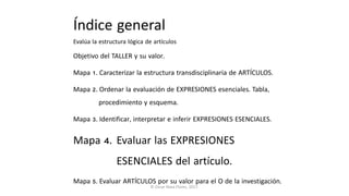 Índice general
Objetivo del TALLER y su valor.
Mapa 1. Caracterizar la estructura transdisciplinaria de ARTÍCULOS.
Mapa 2....