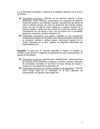 y a la afirmación consciente y madura de la identidad nacional, por lo que en
las libretas…

  Í Esperamos encontrar: opiniones de los alumnos respecto a temas
    estudiados, mapas históricos, cuestionarios con preguntas de reflexión,
    líneas del tiempo en sus distintas variantes, descripciones de formas de
    vida en distintas épocas así como de elementos del contexto (relieve,
    clima, etc) que de alguna forma coadyuven a explicar sucesos de la
    historia, listados o textos que den cuenta de la herencia cultural, textos
    comparativos de una época a otra o de una época con la actualidad,
    diagramas, esquemas, cuadros sinópticos, etc.
  Í Esperamos encontrar en menor medida o no encontrar:
    cuestionarios dictados por el profesor con respuesta textual o donde sólo
    se ponderen nombres y fechas; planas, resúmenes copiados de un
    simple subrayado en el libro, pegotes de biografías elaboradas por
    alguna editorial, etc.


Geografía: al igual que en Ciencias Naturales o historia, el enfoque es
formativo pues permite ir integrando la adquisición de otros conocimientos, en
general en las libretas…

  Í Esperamos encontrar: descripciones, clasificaciones, producciones de
    los alumnos como resúmenes, esquemas, informes y dibujos, resolución
    de actividades marcadas en los libros de texto, dibujos de mapas o
    croquis con sus respectivas acotaciones, etc.
  Í Esperamos encontrar en menor medida o no encontrar: resumen
    como simple copia de un subrayado en el libro, ejercicios de
    memorización, por ejemplo: país-capital, etc.




                                                                            5
 
