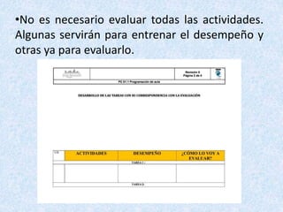 •No es necesario evaluar todas las actividades.
Algunas servirán para entrenar el desempeño y
otras ya para evaluarlo.
 