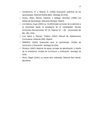 15

•   Condemarín, M. y Medina, A. (2000) Evaluación auténtica de los
    aprendizajes. Editorial Andrés Bello. Santiago de Chile.
•   Honey, Peter; Alonso, Catalina, y Gallego, Domingo (1998) Los
    Estilos de Aprendizaje. Ediciones Mensaje .Madrid.
•   Lira Ramos, Hugo (2005) La Conflictividad curricular de la atención a
    la   diversidad   desde   el   paradigma de la    complejidad.   Revista
    Horizontes Educacionales. Nº 10. Páginas 57 – 69.        Universidad del
    Bío –Bío. Chile
•   Luis Galve y Manuel, Trallero (2202) Manual de Adaptaciones
    Curriculares. Editorial CEPE. Madrid.
•   MINEDUC     (2006)    Evaluación   para   el   aprendizaje.   Unidad   de
    Currículum y Evaluación. Santiago de Chile.
•   Mineduc (2007) Material de apoyo jornada de planificación y diseño
    de la enseñanza. Unidad de Currículum y Evaluación. Santiago de
    Chile.
•   Morin, Edgar (2o01) La mente bien ordenada. Editorial Seix Barral.
    Barcelona
 
