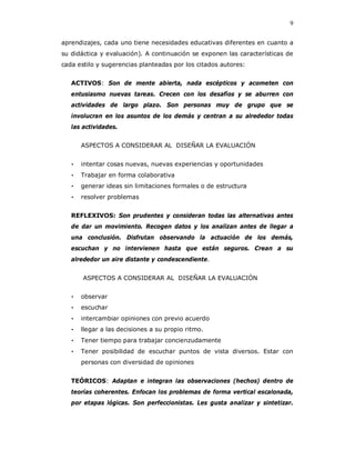 9

aprendizajes, cada uno tiene necesidades educativas diferentes en cuanto a
su didáctica y evaluación). A continuación se exponen las características de
cada estilo y sugerencias planteadas por los citados autores:


   ACTIVOS: Son de mente abierta, nada escépticos y acometen con
   entusiasmo nuevas tareas. Crecen con los desafíos y se aburren con
   actividades de largo plazo. Son personas muy de grupo que se
   involucran en los asuntos de los demás y centran a su alrededor todas
   las actividades.


       ASPECTOS A CONSIDERAR AL DISEÑAR LA EVALUACIÓN


   •   intentar cosas nuevas, nuevas experiencias y oportunidades
   •   Trabajar en forma colaborativa
   •   generar ideas sin limitaciones formales o de estructura
   •   resolver problemas


   REFLEXIVOS: Son prudentes y consideran todas las alternativas antes
   de dar un movimiento. Recogen datos y los analizan antes de llegar a
   una conclusión. Disfrutan observando la actuación de los demás,
   escuchan y no intervienen hasta que están seguros. Crean a su
   alrededor un aire distante y condescendiente.


       ASPECTOS A CONSIDERAR AL DISEÑAR LA EVALUACIÓN


   •   observar
   •   escuchar
   •   intercambiar opiniones con previo acuerdo
   •   llegar a las decisiones a su propio ritmo.
   •   Tener tiempo para trabajar concienzudamente
   •   Tener posibilidad de escuchar puntos de vista diversos. Estar con
       personas con diversidad de opiniones


   TEÓRICOS: Adaptan e integran las observaciones (hechos) dentro de
   teorías coherentes. Enfocan los problemas de forma vertical escalonada,
   por etapas lógicas. Son perfeccionistas. Les gusta analizar y sintetizar.
 
