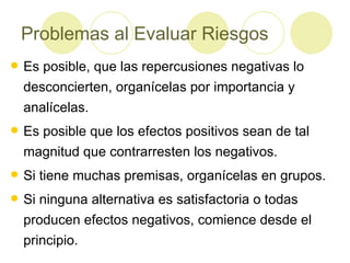Problemas al Evaluar Riesgos Es posible, que las repercusiones negativas lo  desconcierten, organícelas por importancia y analícelas. Es posible que los efectos positivos sean de tal magnitud que contrarresten los negativos. Si tiene muchas premisas, organícelas en grupos. Si ninguna alternativa es satisfactoria o todas producen efectos negativos, comience desde el principio. 
