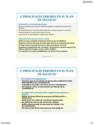 24/03/2011




                5. PRINCIPALES ERRORES EN EL PLAN
                           DE NEGOCIO
             En referencia a los potenciales clientes
             Dar por supuesto que todos los clientes posibles comprarán el producto o
              servicio.
             No determinar si el mercado está esperando nuestro producto o servicio.
             Intentar abarcar muchos mercados a la vez.
             No conocer las necesidades reales de lo clientes.

             Referente al mercado que vamos a utilizar
            • Definir con poca claridad el target de cliente al que nos dirigimos.
            • Dirigirnos a todo el mercado de poténciales clientes sin segmentación previa.
            • No dejar claro el mensaje de marca o idea de producto o servicio.
            • Desestimar la importancia del “envoltorio” del producto o servicio ausencia de
              folletos, deficiente imagen, errores y fallos, etcétera.
            • Ir a mercados con bajas rentabilidades y ya de por si muy maduros.


                                               Luis Muñiz ACCID




                5. PRINCIPALES ERRORES EN EL PLAN
                           DE NEGOCIO
                 En cuanto a la competencia
                • Tenemos que en ocasiones se ignora pero realmente existe,
                  falta identificar los competidores.
                • Subestimar el poder y la fuerza de los competidores.
                • No explicar cómo se minimizarán los efectos de la
                  competencia.

                 En referencia a la fabricación y logística del producto o
                  servicio
                • Definir de forma difusa los procesos de fabricación y
                  distribución.
                • Determinar los costes de una forma equivocada.
                • No definir las normas de control de calidad.
                • Definir mínimamente los procesos de trabajo y los
                  procedimientos.
                • No estar al día de las innovaciones tecnológicas.
                                               Luis Muñiz ACCID




29-9-2010                                                                                             14
 