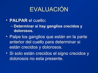 EVALUACIÓN
• PALPAR el cuello:
– Determinar si hay ganglios crecidos y
dolorosos.
• Palpe los ganglios que están en la parte
anterior del cuello para determinar si
están crecidos y dolorosos.
• Si solo están crecidos el signo crecidos y
dolorosos no esta presente.
 