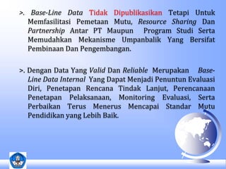 >. Base-Line Data Tidak Dipublikasikan Tetapi Untuk 
Memfasilitasi Pemetaan Mutu, Resource Sharing Dan 
Partnership Antar PT Maupun Program Studi Serta 
Memudahkan Mekanisme Umpanbalik Yang Bersifat 
Pembinaan Dan Pengembangan. 
>. Dengan Data Yang Valid Dan Reliable Merupakan Base- 
Line Data Internal Yang Dapat Menjadi Penuntun Evaluasi 
Diri, Penetapan Rencana Tindak Lanjut, Perencanaan 
Penetapan Pelaksanaan, Monitoring Evaluasi, Serta 
Perbaikan Terus Menerus Mencapai Standar Mutu 
Pendidikan yang Lebih Baik. 
 