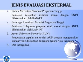 JENIS EVALUASI EKSTERNAL 
1. Badan Akreditasi Nasional Perguruan Tinggi 
Penilaian kelayakan institusi sesuai dengan SNPT 
dilaksanakan oleh BAN-PT. 
1. Lembaga Akreditasi Mandiri Perguruan Tinggi 
Penilaian kelayakan program studi sesuai dengan SNPT 
dilaksanakan oleh LAM-PT. 
3. Asean University Network (AUN); 
Pengukuran capaian mutu oleh AUN dengan menggunakan 
standar yang ditetapkan di negara negara Asia Tenggara 
4. Dan sebagainya 
 