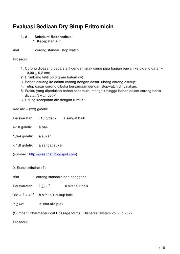 Evaluasi Sediaan Dry Sirup Eritromicin Evaluasi Sediaan Dry Sirup Eritromicin