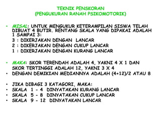 TEKNIK PENSKORAN
           (PENGUKURAN RANAH PSIKOMOTORIK)

• MISAL: UNTUK MENGUKUR KETERAMPILAN SISWA TELAH
  DIBUAT 4 BUTIR. RENTANG SKALA YANG DIPAKAI ADALAH
  1 SAMPAI 3:
  3 : DIKERJAKAN DENGAN LANCAR
  2 : DIKERJAKAN DENGAN CUKUP LANCAR
  1 : DIKERJAKAN DENGAN KURANG LANCAR

• MAKA: SKOR TERENDAH ADALAH 4, YAKNI 4 X 1 DAN
  SKOR TERTINGGI ADALAH 12, YAKNI 3 X 4
• DENGAN DEMIKIAN MEDIANNYA ADALAH (4+12)/2 ATAU 8

•   JIKA DIBAGI 3 KATAGORI, MAKA:
•   SKALA 1 - 4 DINYATAKAN KURANG LANCAR
•   SKALA 5 - 8 DINYATAKAN CUKUP LANCAR
•   SKALA 9 - 12 DINYATAKAN LANCAR
 