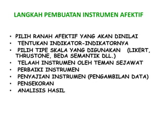 LANGKAH PEMBUATAN INSTRUMEN AFEKTIF


• PILIH RANAH AFEKTIF YANG AKAN DINILAI
• TENTUKAN INDIKATOR-INDIKATORNYA
• PILIH TIPE SKALA YANG DIGUNAKAN (LIKERT,
  THRUSTONE, BEDA SEMANTIK DLL.)
• TELAAH INSTRUMEN OLEH TEMAN SEJAWAT
• PERBAIKI INSTRUMEN
• PENYAJIAN INSTRUMEN (PENGAMBILAN DATA)
• PENSEKORAN
• ANALISIS HASIL
 