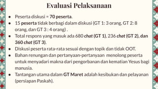 Evaluasi Pelaksanaan
● Peserta diskusi = 70 peserta.
● 15 peserta tidak berbagi dalam diskusi (GT 1: 3 orang, GT 2: 8
oran...