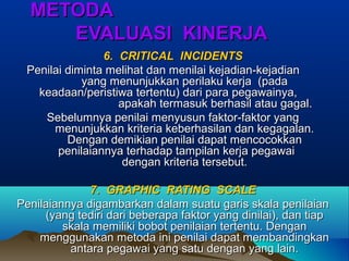 METODAMETODA
EVALUASI KINERJAEVALUASI KINERJA
6. CRITICAL INCIDENTS6. CRITICAL INCIDENTS
Penilai diminta melihat dan menilai kejadian-kejadianPenilai diminta melihat dan menilai kejadian-kejadian
yang menunjukkan perilaku kerja (padayang menunjukkan perilaku kerja (pada
keadaan/peristiwa tertentu) dari para pegawainya,keadaan/peristiwa tertentu) dari para pegawainya,
apakah termasuk berhasil atau gagal.apakah termasuk berhasil atau gagal.
Sebelumnya penilai menyusun faktor-faktor yangSebelumnya penilai menyusun faktor-faktor yang
menunjukkan kriteria keberhasilan dan kegagalan.menunjukkan kriteria keberhasilan dan kegagalan.
Dengan demikian penilai dapat mencocokkanDengan demikian penilai dapat mencocokkan
penilaiannya terhadap tampilan kerja pegawaipenilaiannya terhadap tampilan kerja pegawai
dengan kriteria tersebut.dengan kriteria tersebut.
7. GRAPHIC RATING SCALE7. GRAPHIC RATING SCALE
Penilaiannya digambarkan dalam suatu garis skala penilaianPenilaiannya digambarkan dalam suatu garis skala penilaian
(yang tediri dari beberapa faktor yang dinilai), dan tiap(yang tediri dari beberapa faktor yang dinilai), dan tiap
skala memiliki bobot penilaian tertentu. Denganskala memiliki bobot penilaian tertentu. Dengan
menggunakan metoda ini penilai dapat membandingkanmenggunakan metoda ini penilai dapat membandingkan
antara pegawai yang satu dengan yang lain.antara pegawai yang satu dengan yang lain.
 